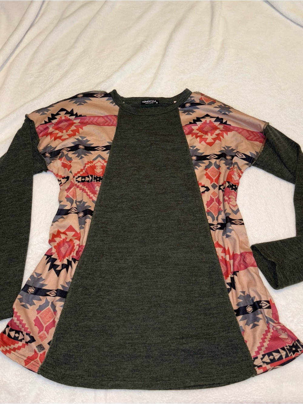 HEIMISH USA Olive Green Raglan Top with Aztec Print Panels
